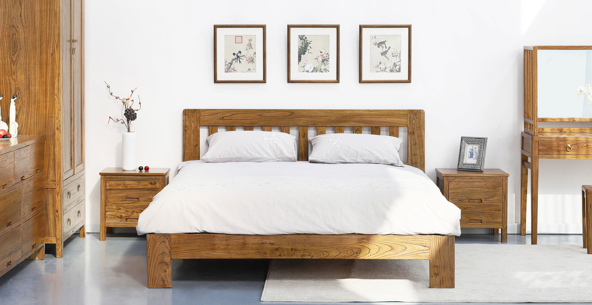 老榆木双人床 卧室家具 新中式 全屋定制 装修 古朴年代 实木家具